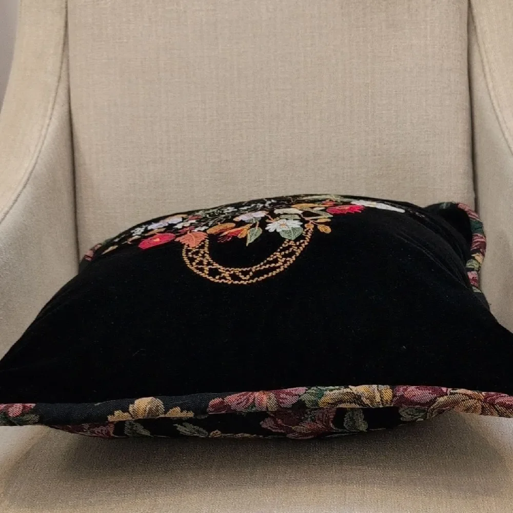Vintage Black Velvet Floral Embroidered Throw Accent Pillow Floral Tapestry Back